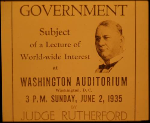 Афиша речи Джозефа Рутерфорда в 1935 году на тему "Правительство"